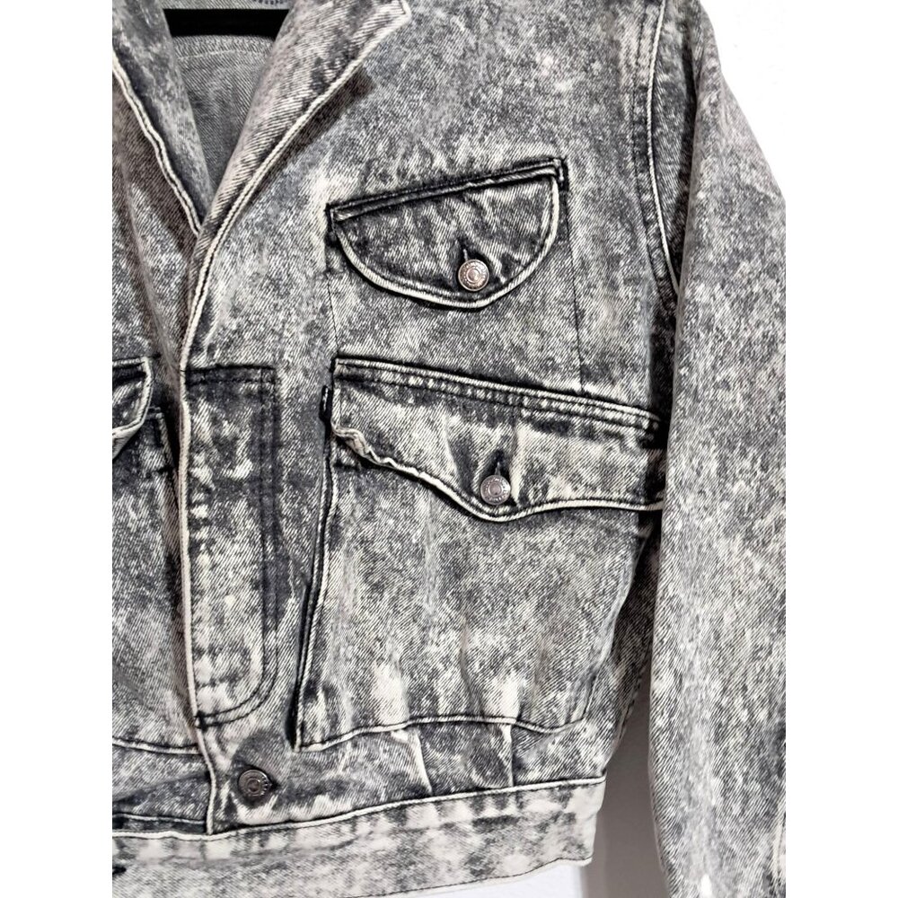 Vintage Levis Jean Jacket Acid Wash Black Denim Size L 1980s Epaulets Cropped - Picture 4 of 13